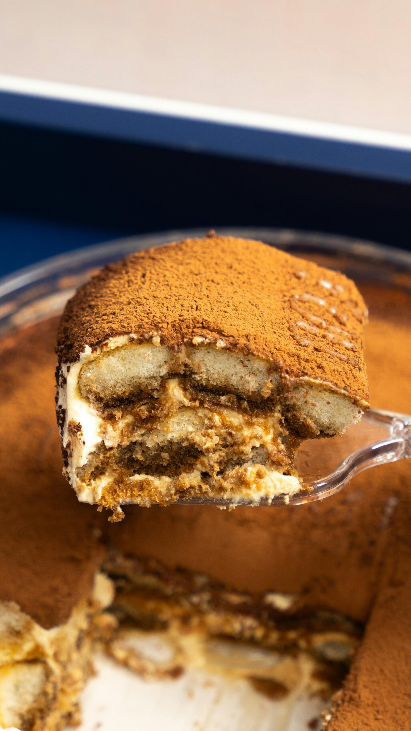 Close-up of a delectable slice of classic tiramisu with rich cocoa dusting.