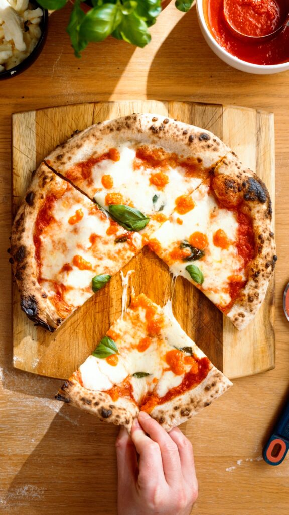 pexels photo 32872596 32872596 Top view of a fresh margherita pizza with basil, sliced and served on a wooden board.